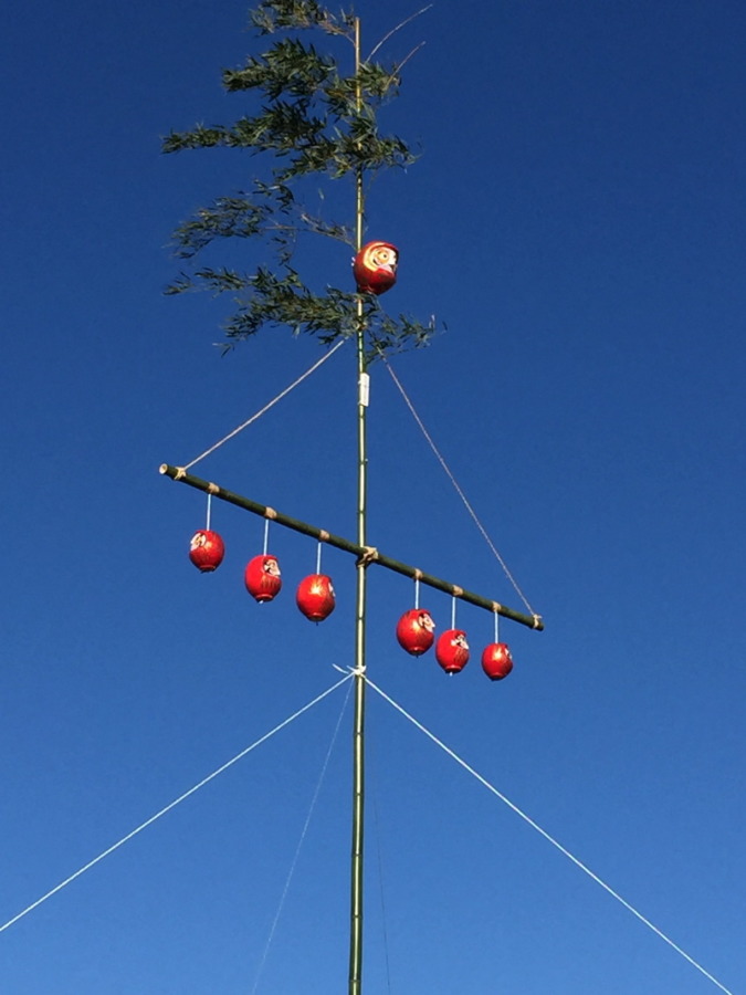 【はたけDE暦｜小正月・どんど焼き】田んぼにだるまさん飾り。